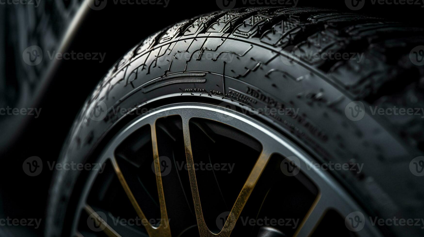AI generated a close-up shot of a sport car's front wheel and tire tread. Generative AI photo
