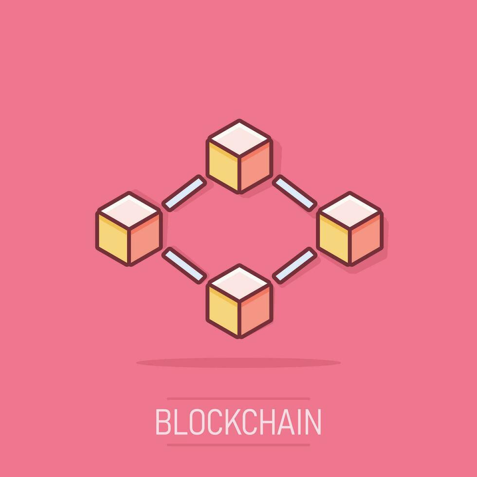 Vector cartoon blockchain technology icon in comic style. Cryptography cube block concept illustration pictogram. Blockchain algorithm business splash effect concept.