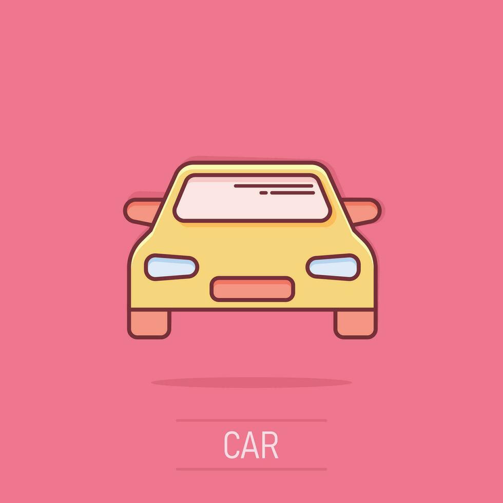 Vector cartoon car icon in comic style. Automobile vehicle illustration pictogram. Car sedan splash effect concept.