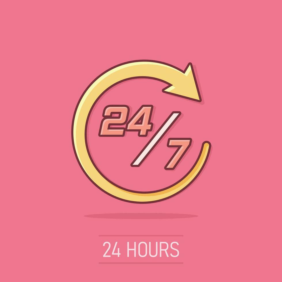 Vector cartoon twenty four hour clock icon in comic style. 24 7 service time concept illustration pictogram. Around the clock business splash effect concept.