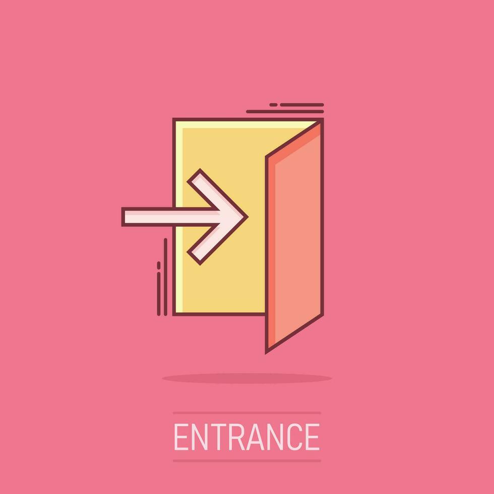 Vector cartoon entrance door icon in comic style. Exit doors concept illustration pictogram. Doorway entrance business splash effect concept.