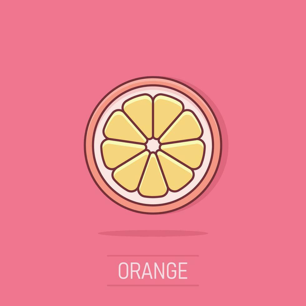 Vector cartoon orange fruit icon in comic style. Orange citrus concept illustration pictogram. Tropical food business splash effect concept.