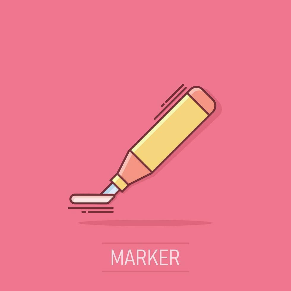 Vector cartoon highlighter marker pen icon in comic style. Highlight concept illustration pictogram. Office stationery business splash effect concept.