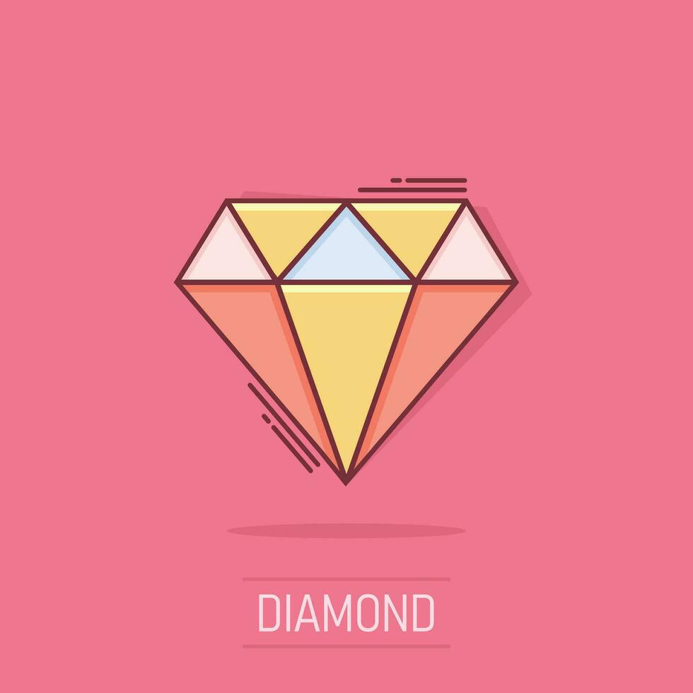 Vector cartoon diamond jewel gem icon in comic style. Diamond gemstone illustration pictogram. Jewelry brilliant business splash effect concept.