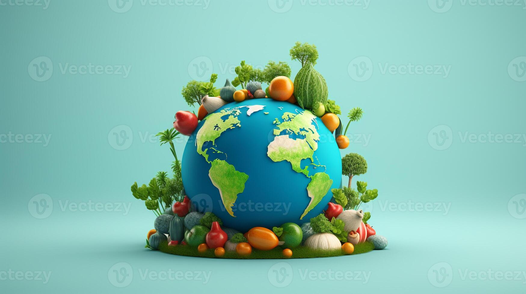 ai generado 3d objetos de vegetales alrededor contento tierra. generativo ai foto