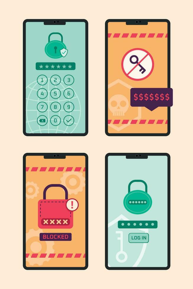 Smartphones with Login Screen Warning for Cyber Security Concept Illustration vector