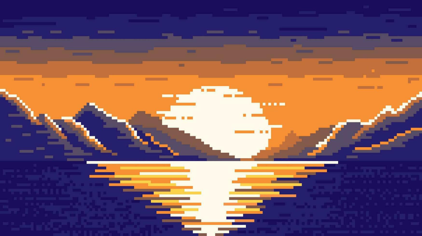 Sunset in pixelated sea with islands background. Blue 8bit ocean with pixel waves and yellow sunrise with sunny path behind mountains and clouds in 80s retrowave vector style