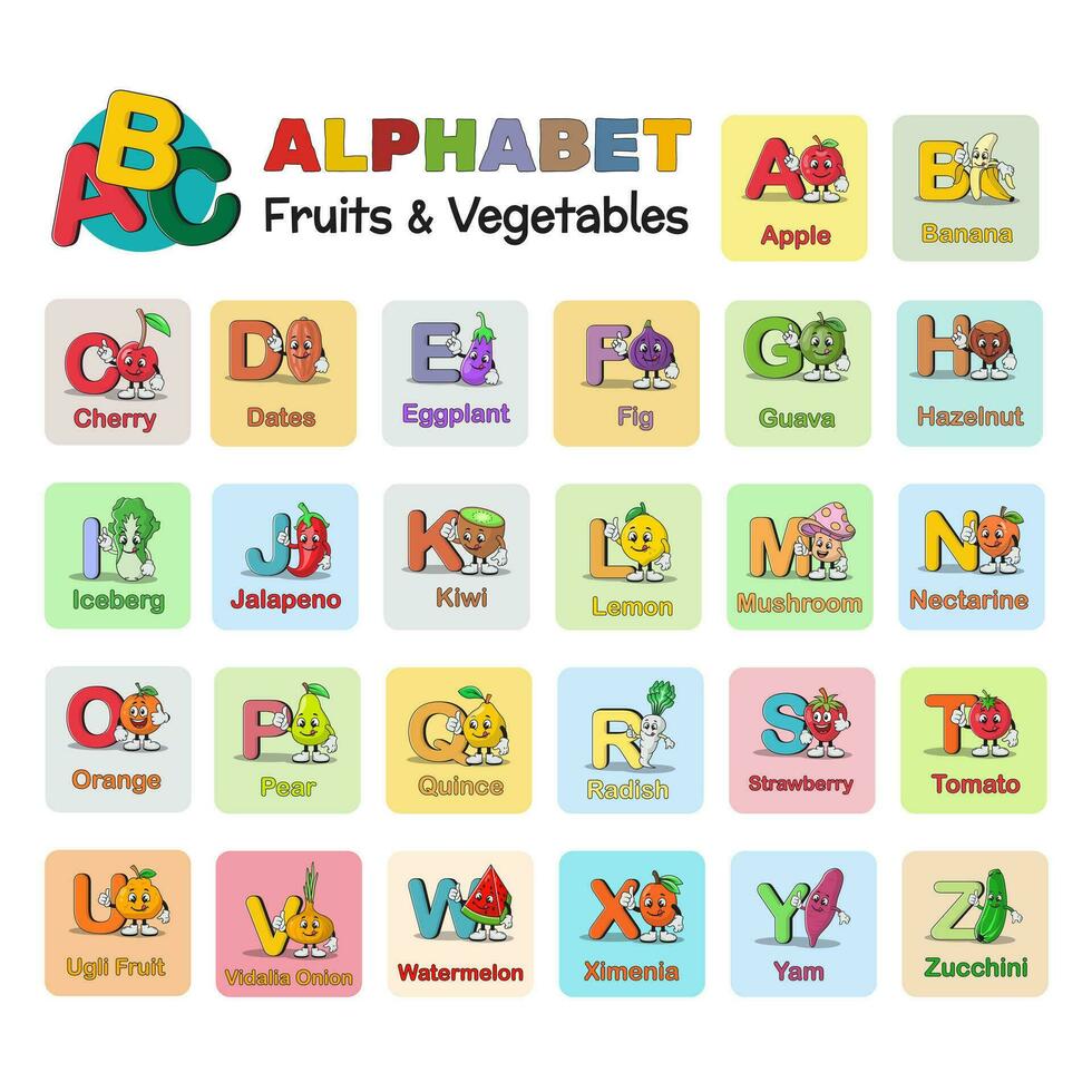 Fruits and vegetables alphabet letter from a to z for kids vector