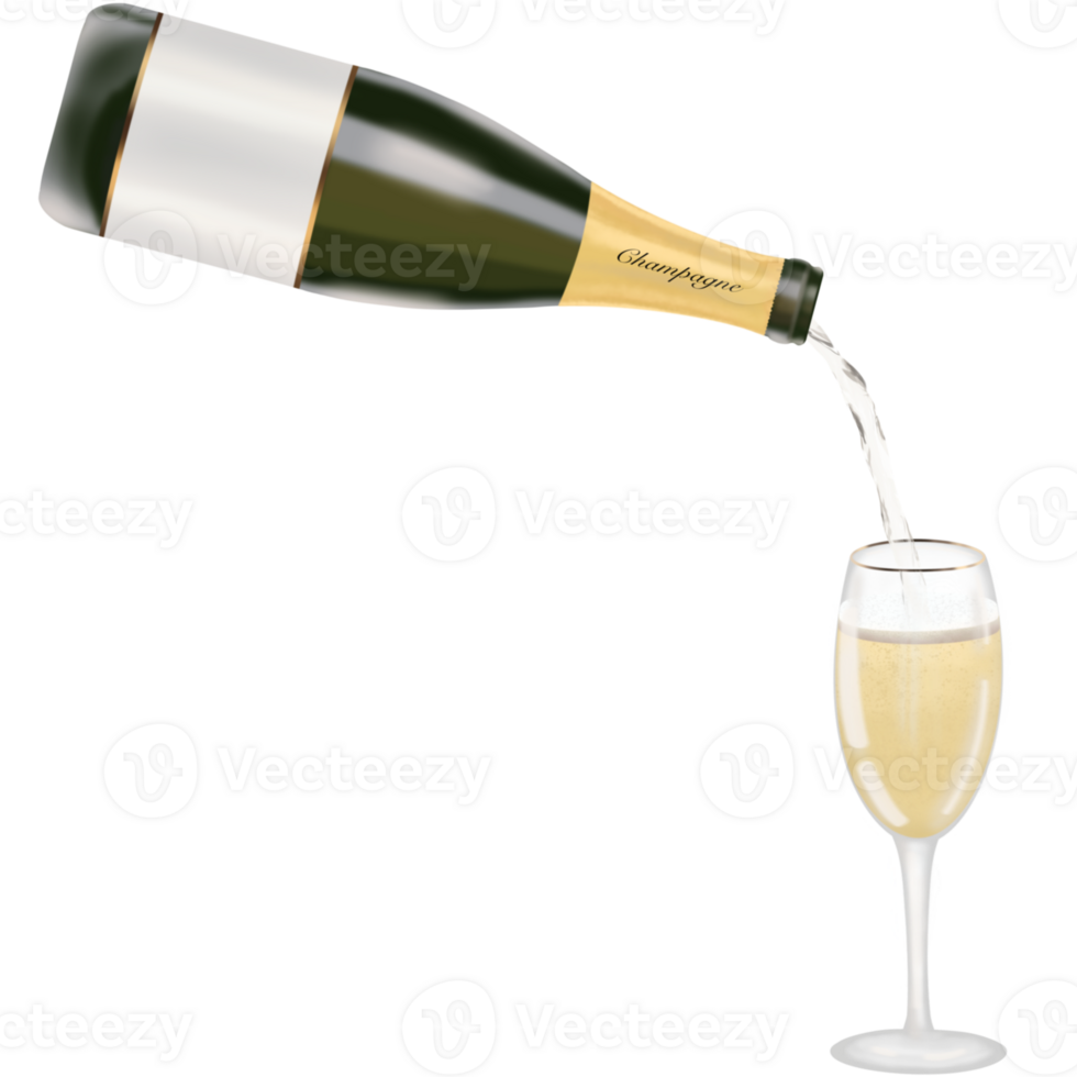 Champagne bottles that are opened for New Year's celebrations and parties. png