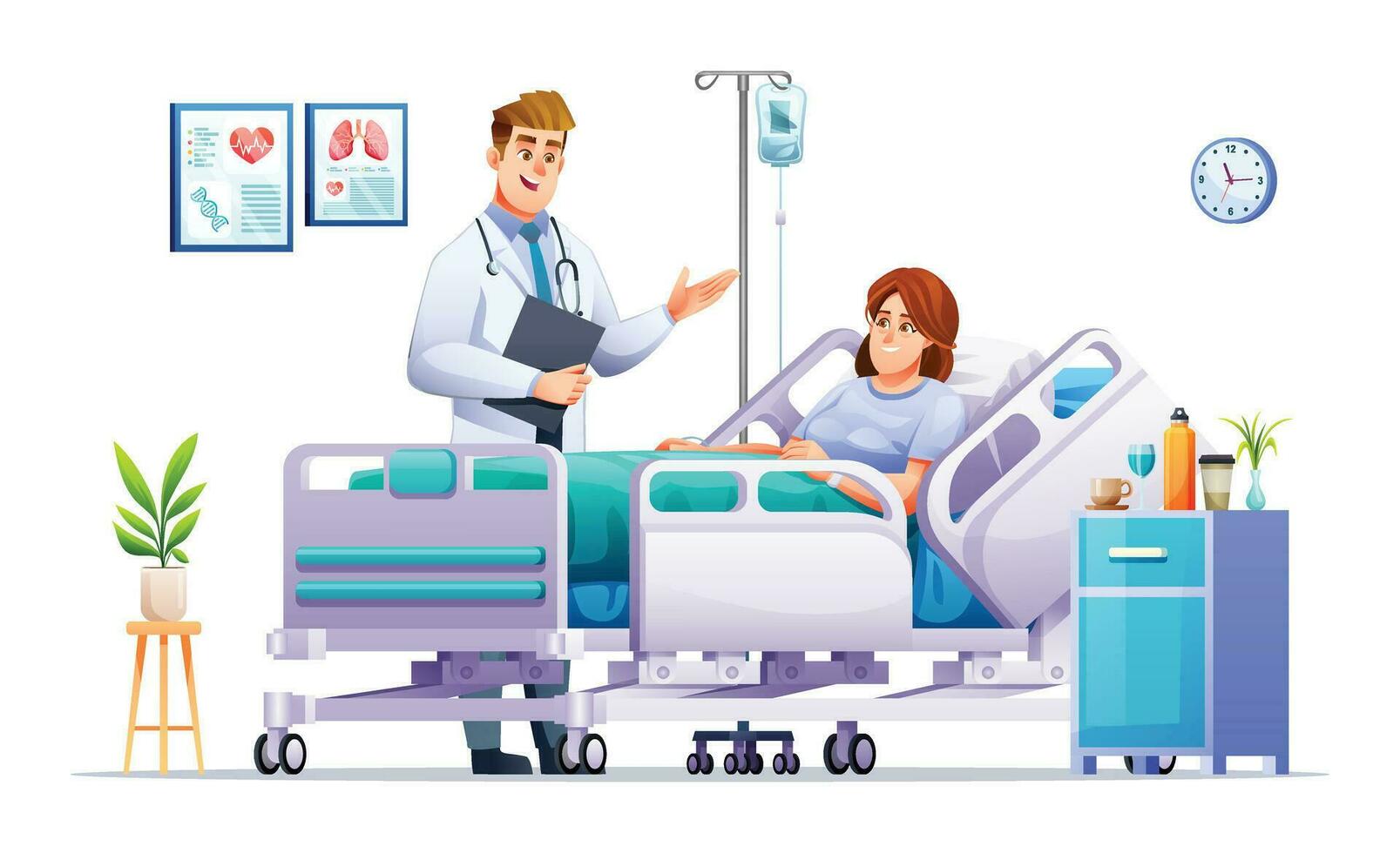 médico visitas un enfermo mujer acostado en hospital cama. paciente hospitalización concepto. vector dibujos animados ilustración