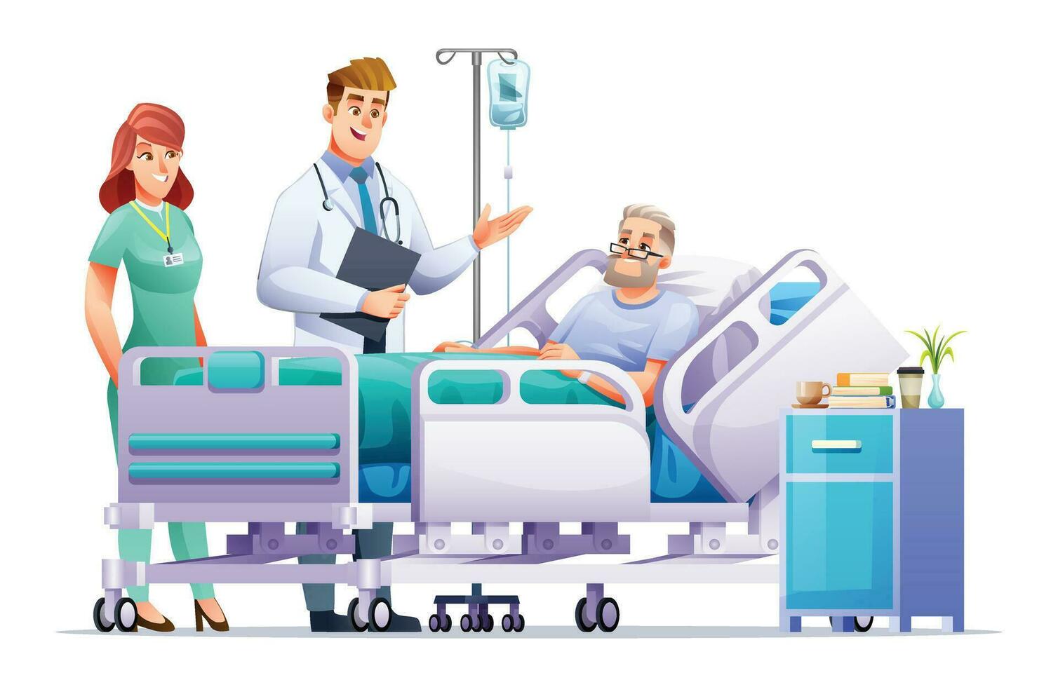 Doctor and nurse visit a senior man lying on hospital bed. Patient hospitalization concept. Vector illustration