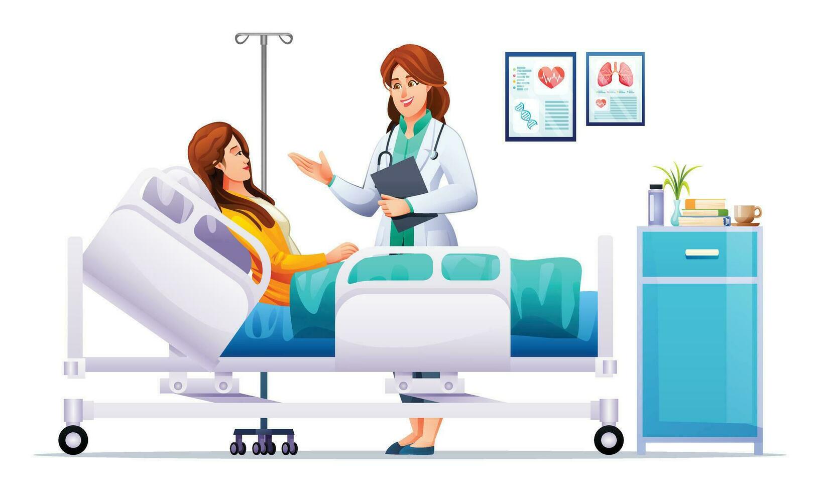 Woman doctor visits a patient lying on hospital bed. Patient hospitalization concept. Vector cartoon illustration