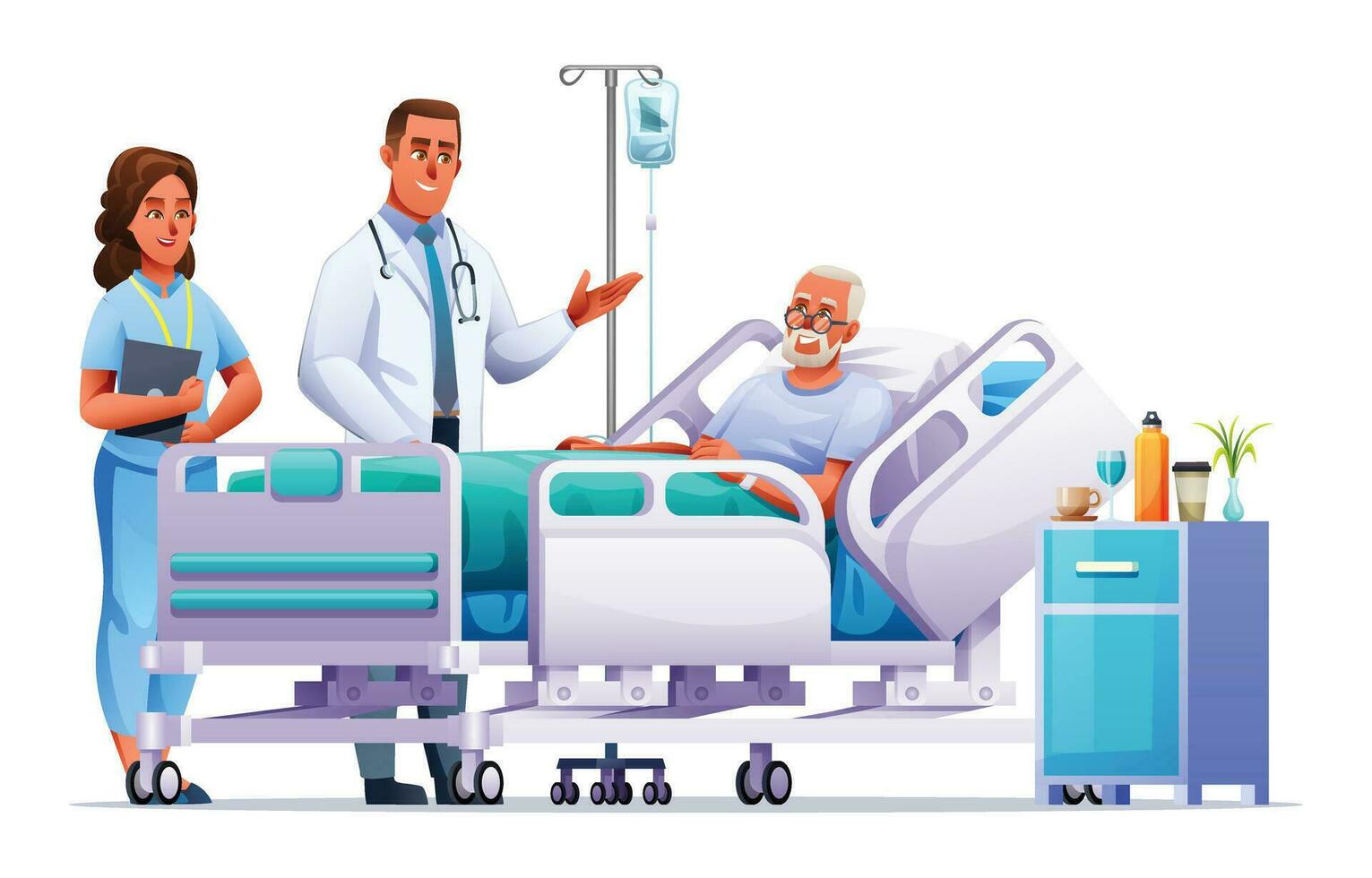 Doctor and nurse visit a senior man lying on hospital bed. Healthcare medical concept. Vector cartoon illustration