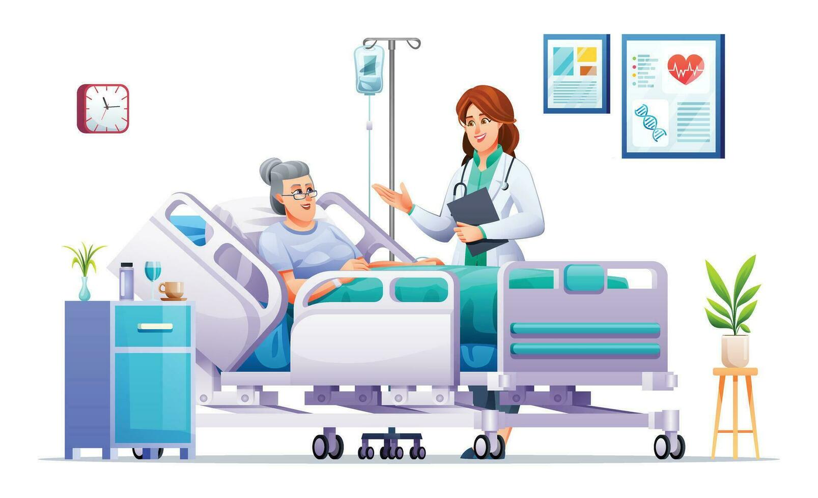 Doctor visits a senior woman lying on hospital bed. Patient hospitalization concept. Vector cartoon illustration