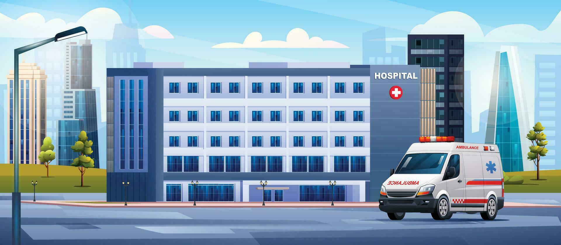 público hospital edificio con ambulancia emergencia coche. médico clínica con ciudad antecedentes paisaje ilustración vector