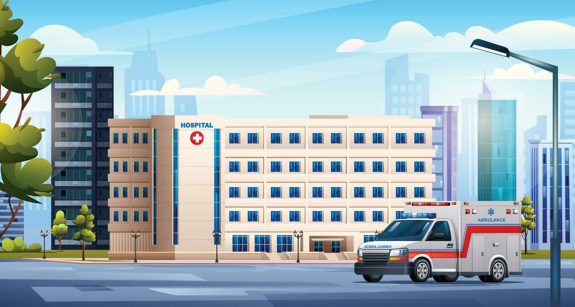 hospital edificio con ambulancia coche en ciudad. médico clínica paisaje antecedentes vector ilustración