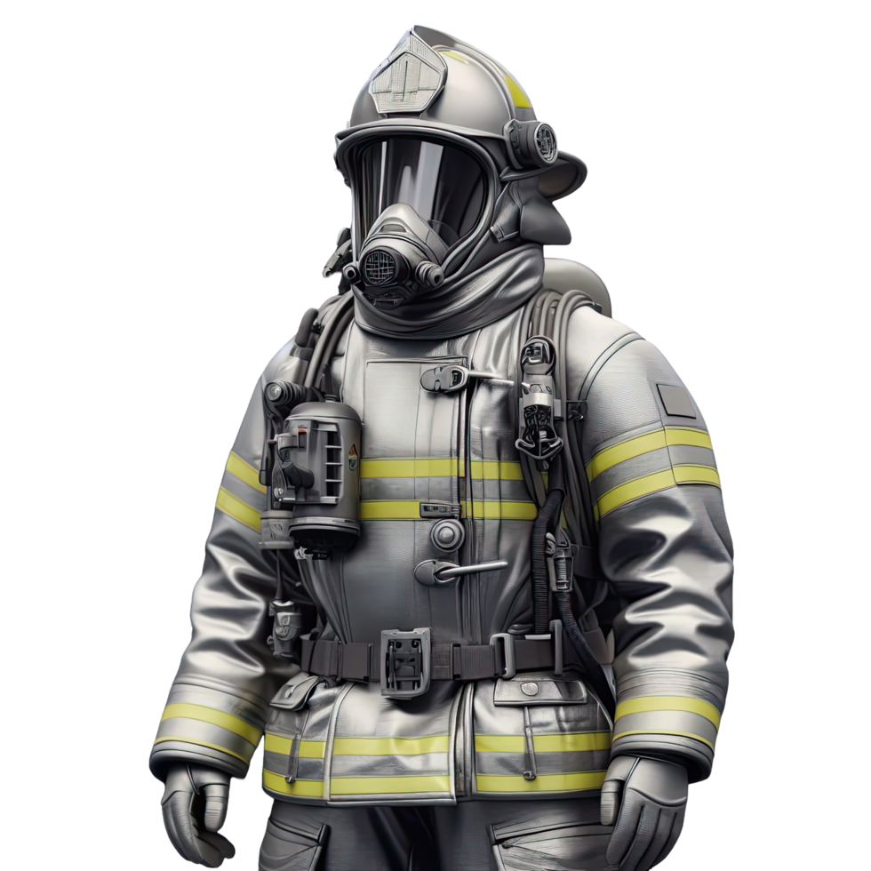 ai generado en pie bombero vistiendo aluminio fuego traje aislado en transparente antecedentes. ai generado png