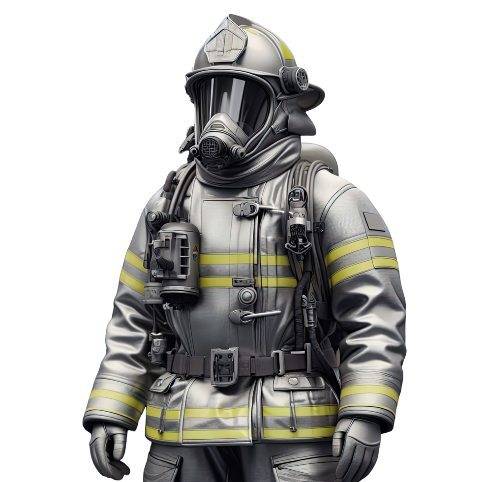 AI generated Standing firefighter wearing aluminium fire suit isolated on transparent background. AI Generated png