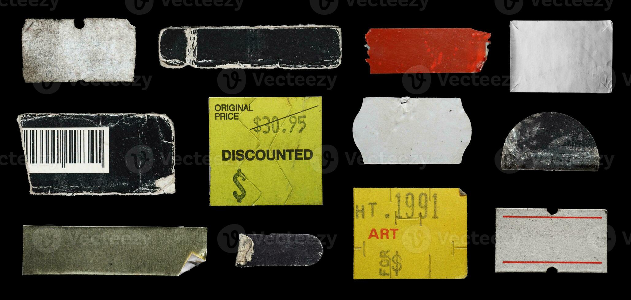 collection of blank old sticker, label, price tag template for mockup. isolated dirty, ripped, half peeled stickers photo