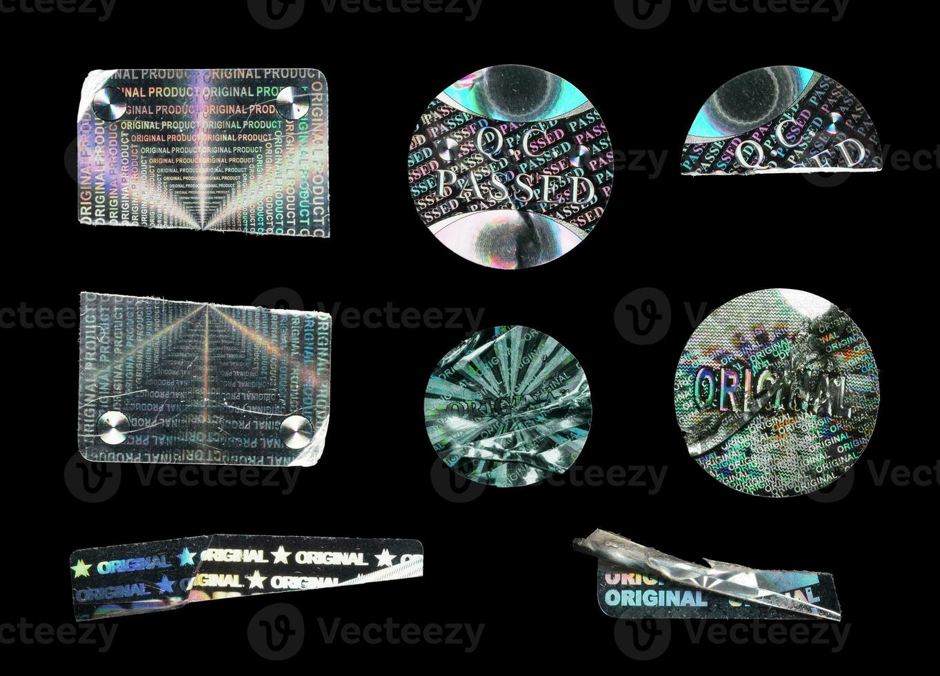 Ripped, crumpled, damaged hologram sticker collection. original, qc passed tamper proof seals isolated on black background. photo