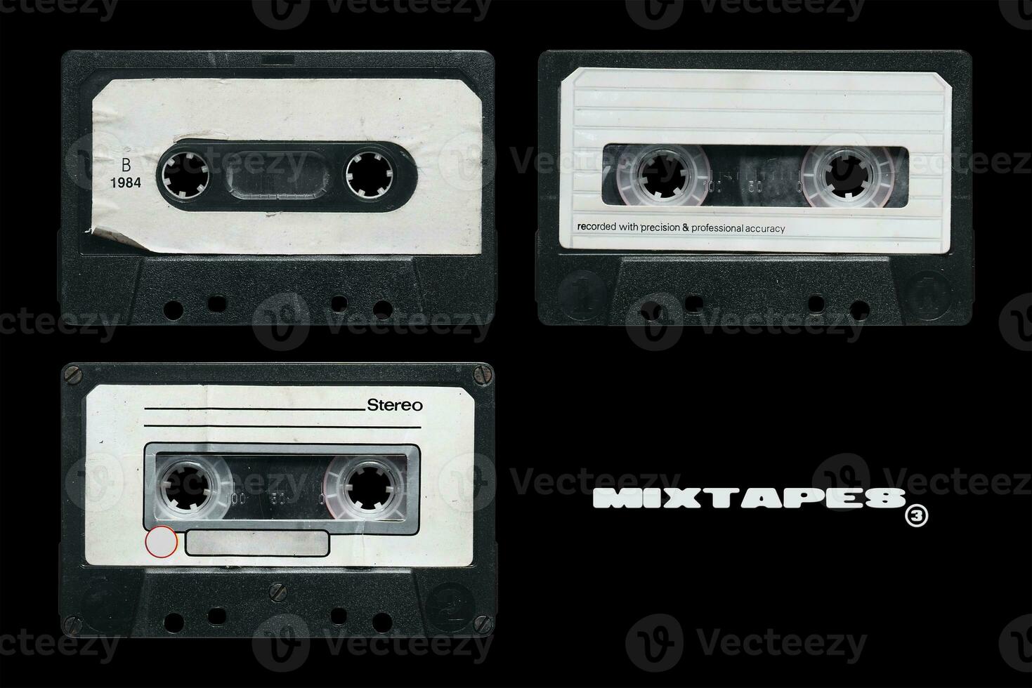 Old audio cassette tape collection with blank white label, mixtape mockup set photo