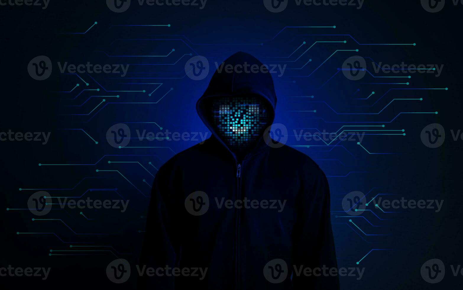 Internet network theft and cyber security. Computer hacker in hoodie with smiley pixel LED display face. concept of technology and security design of online program or application. photo