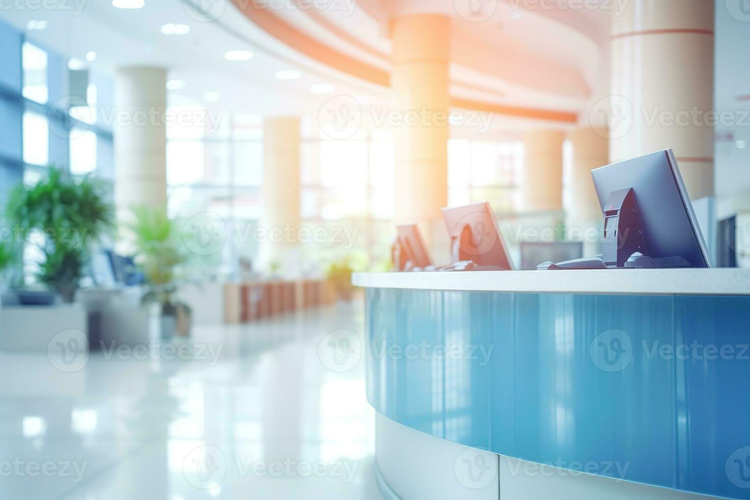 AI generated A softly focused image of a modern office lobby with a reception desk, computer, and telephone, bathed in warm sunlight, conveying a welcoming atmosphere for visitors. photo