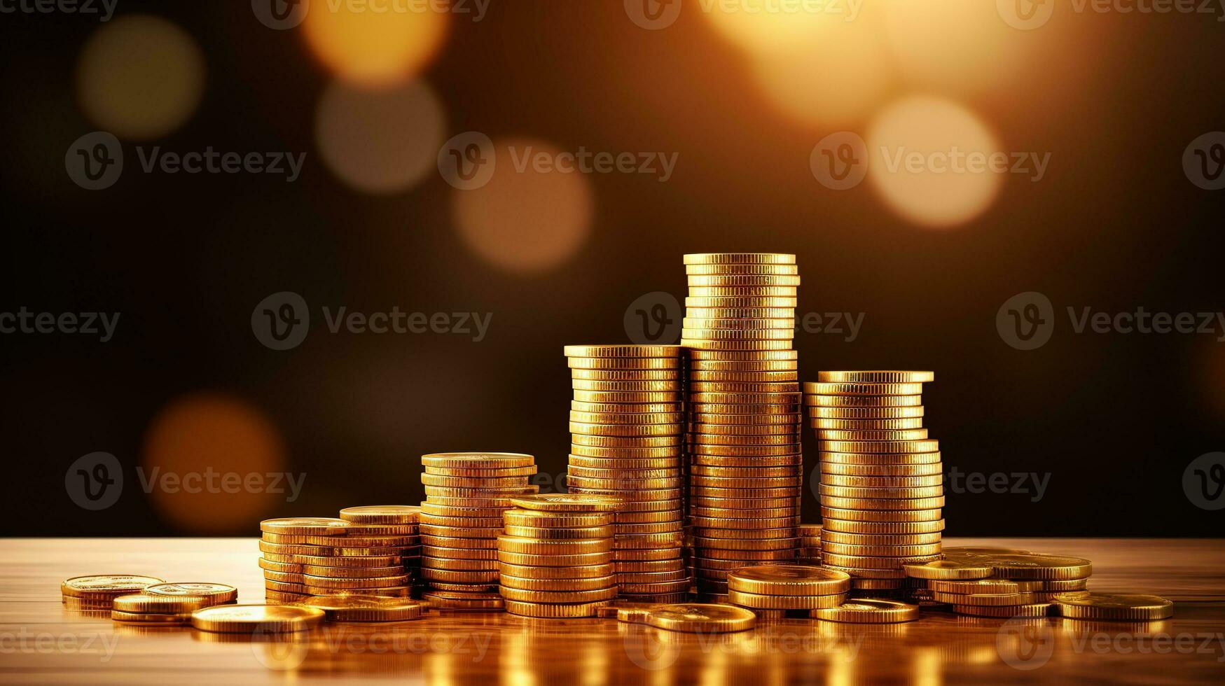 AI generated Rows of shiny gold coins are stacked in increasing height on a wooden surface, with warm light suggesting growth and the possibility of financial gain. photo