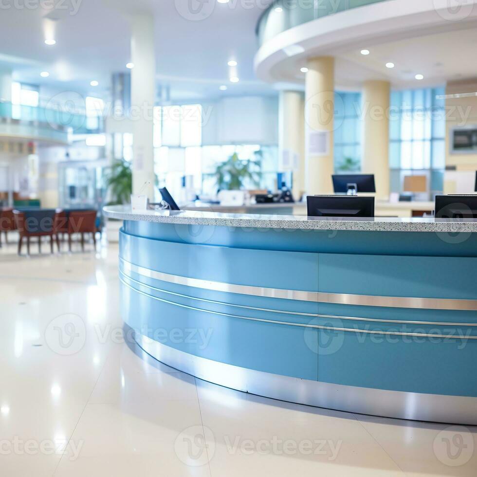 AI generated A softly focused image of a modern office lobby with a reception desk, computer, and telephone, bathed in warm sunlight, conveying a welcoming atmosphere for visitors. photo