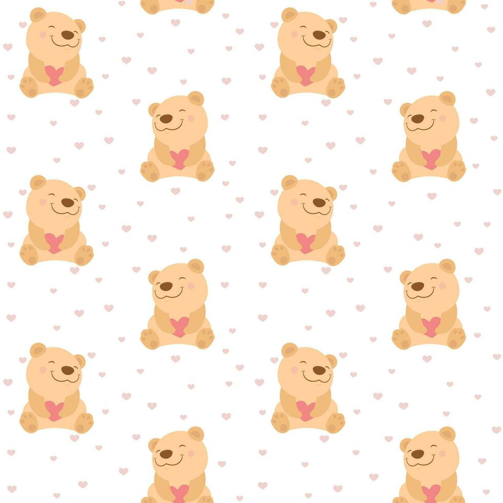 Cute bear seamless pattern. Smiling teddy bear with pink hearts vector