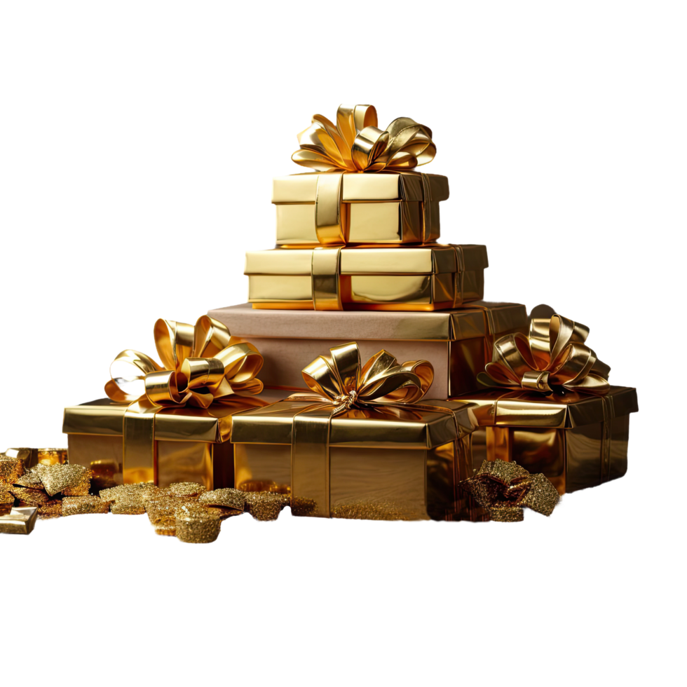 AI generated stack of gold gift isolated on transparent background png