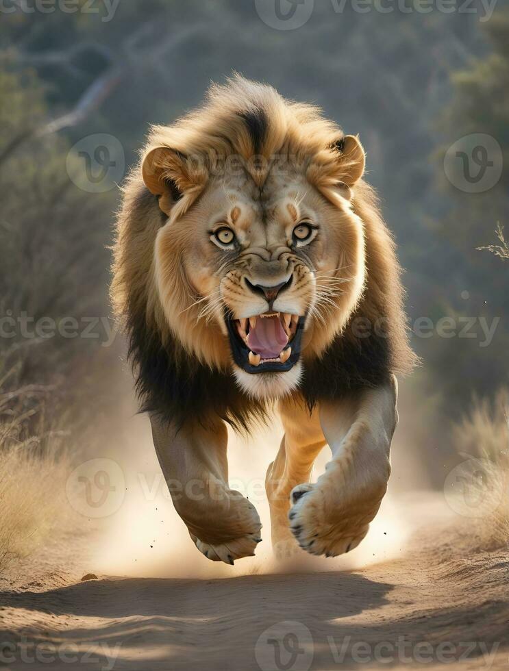 AI generated lion's attack, Realistic images of wild animal attacks photo