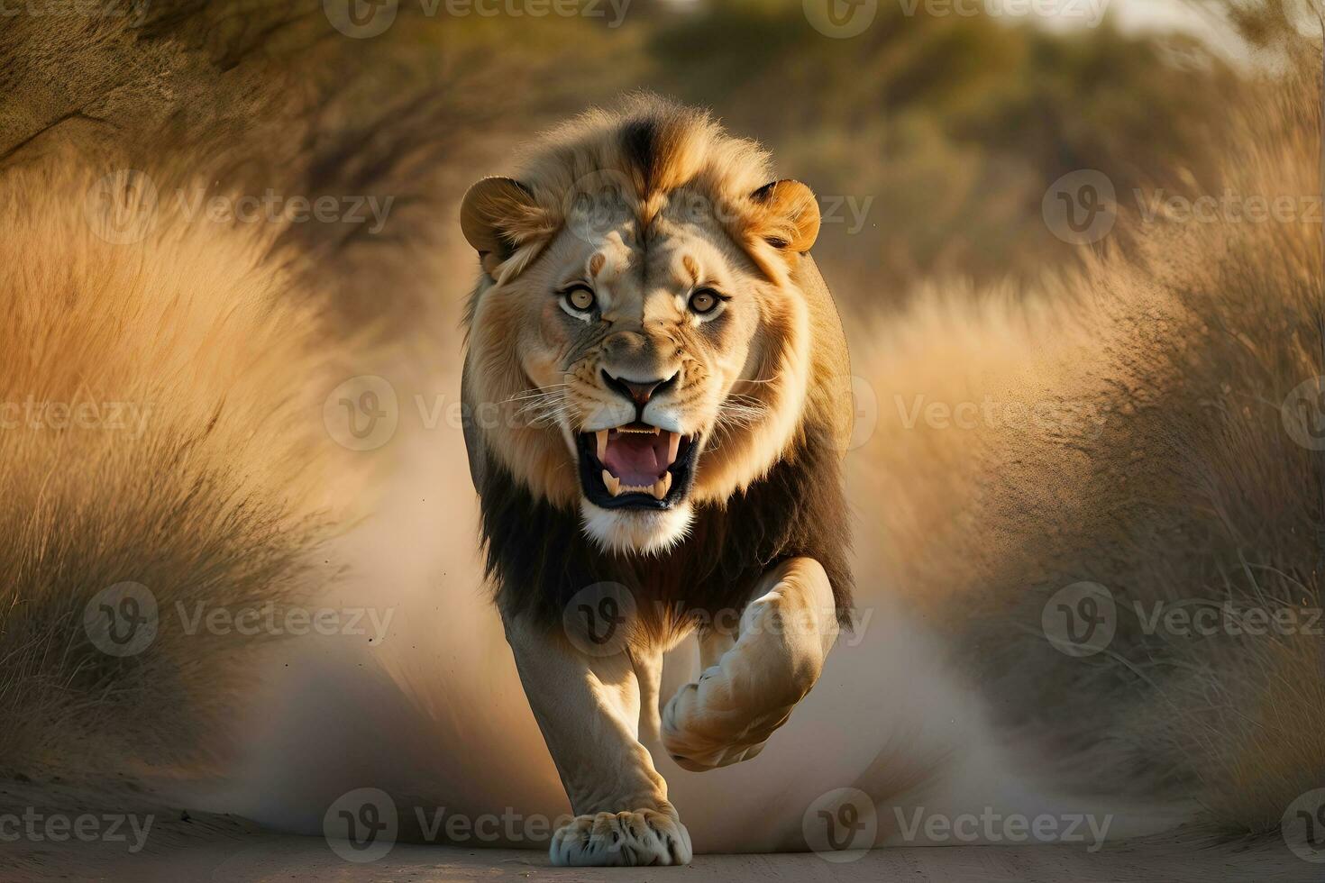 AI generated lion's attack, Realistic images of wild animal attacks photo