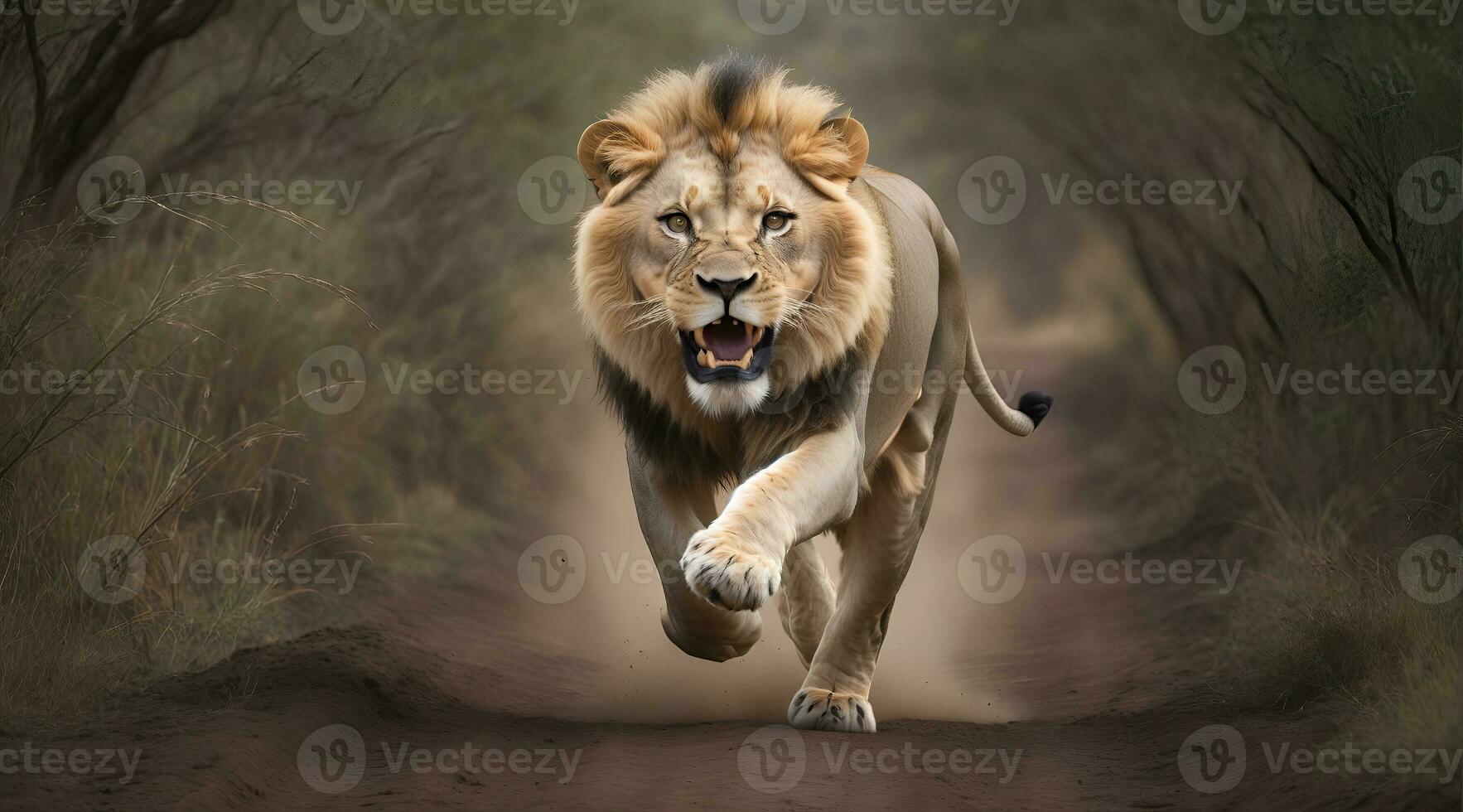 AI generated lion's attack, Realistic images of wild animal attacks photo