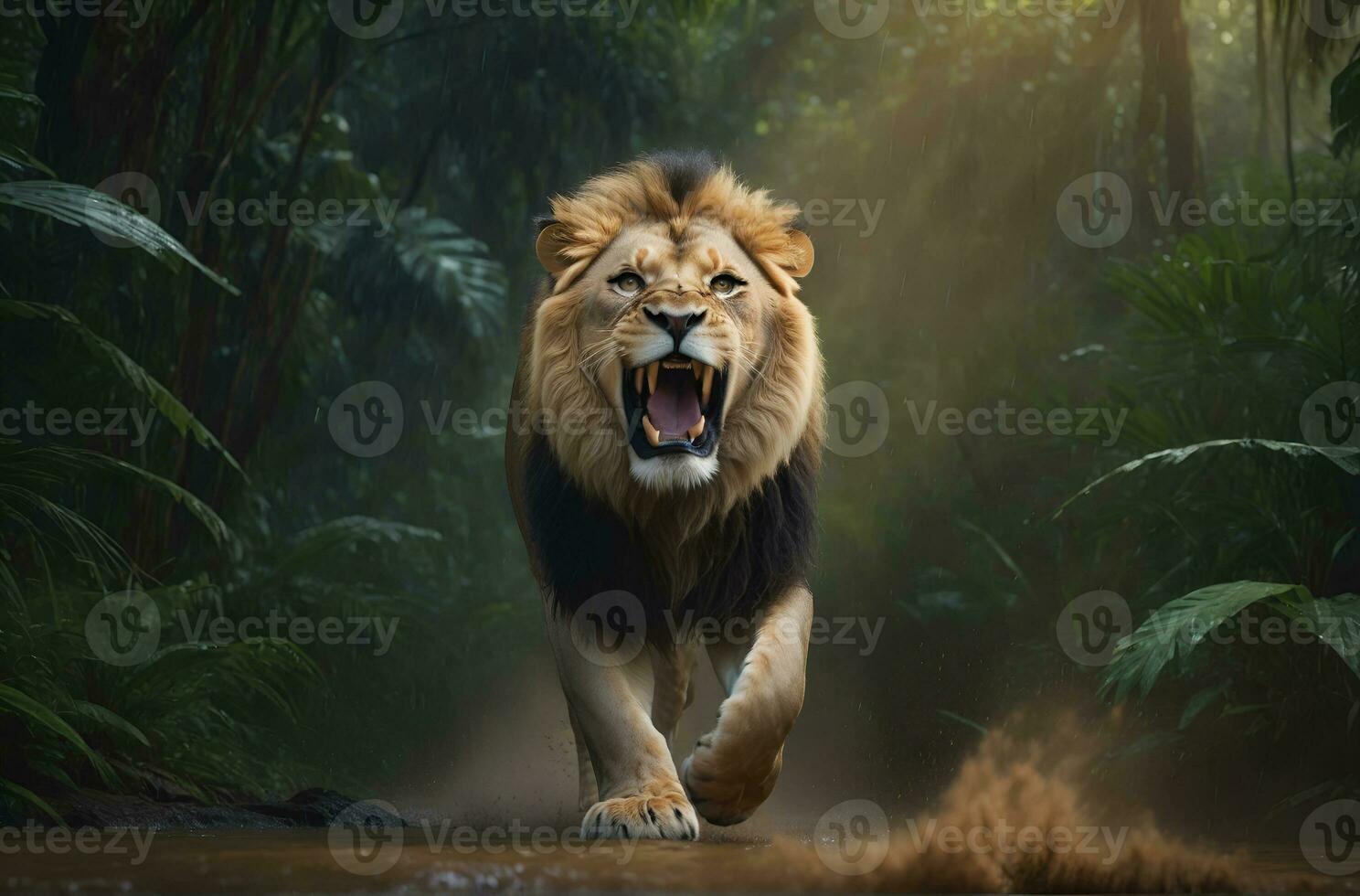 AI generated lion's attack, Realistic images of wild animal attacks photo