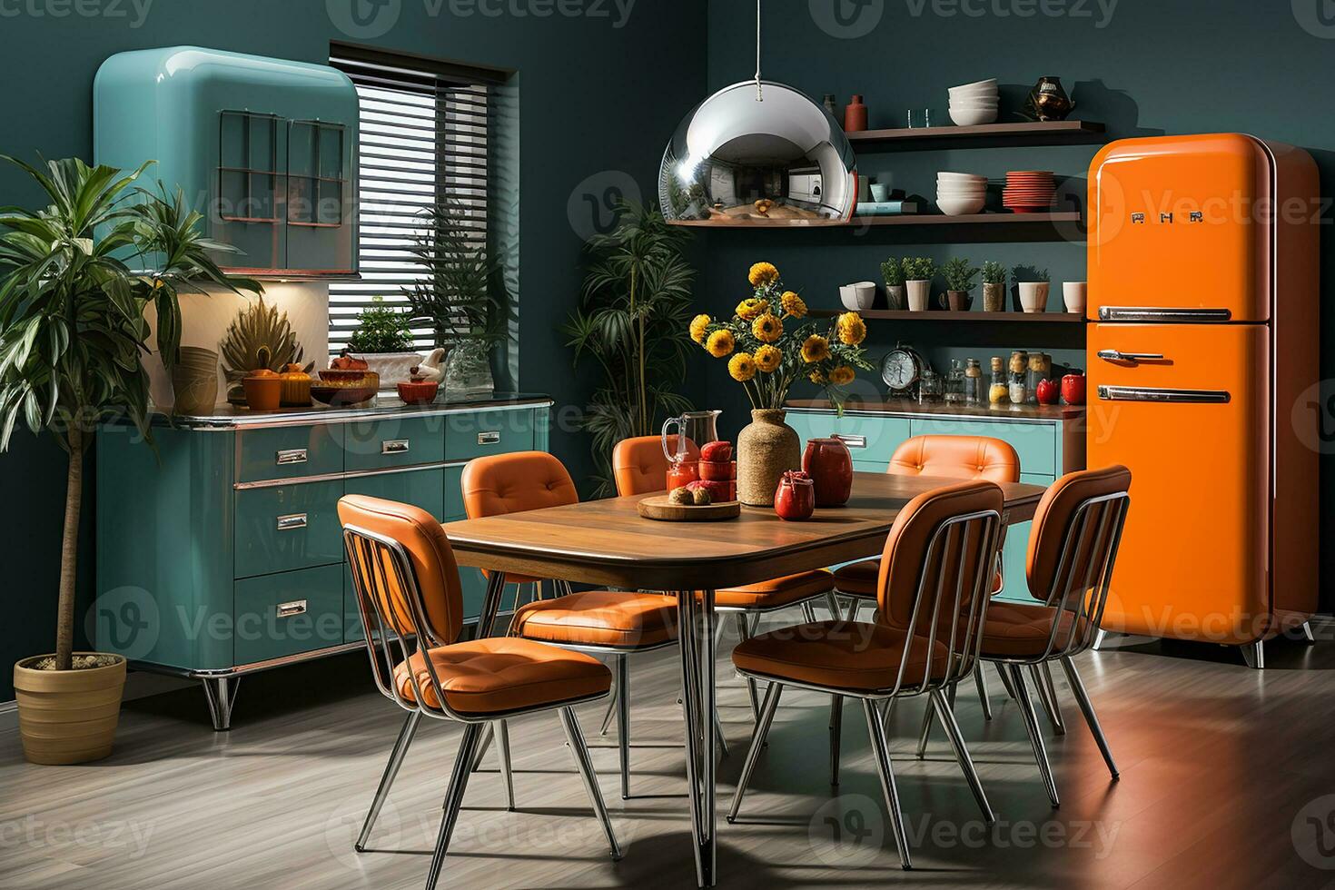 AI generated kitchen midcentury modern design, characterized by clean lines and iconic shapes, bright color from 60s and 70s photo