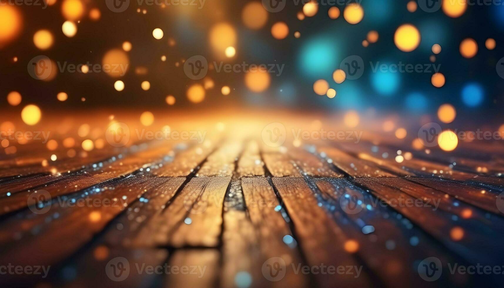 AI generated wooden floor with lights and bokeh effect photo