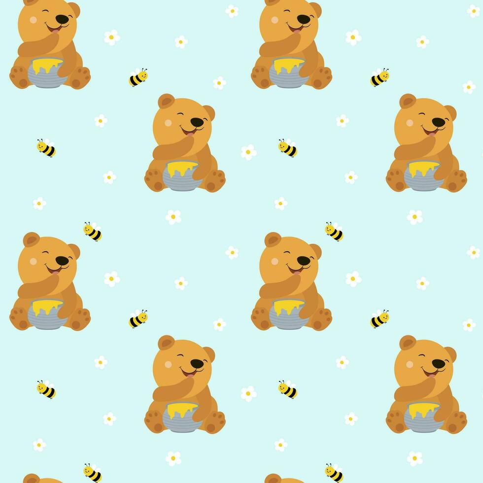 Cute teddy bear with honey, bee and flowers. Funny seamless pattern vector