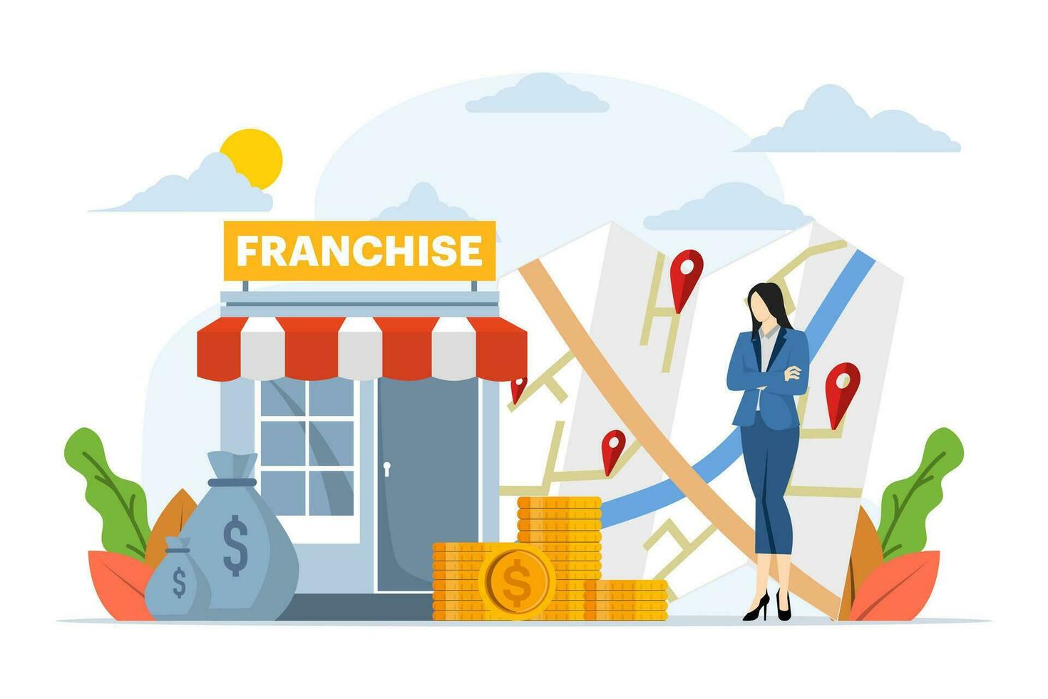 Franchise business branch expansion concept, entrepreneur planning expansion strategy. Small companies, corporations, shops, service chains, retail stores. flat vector illustration on background.
