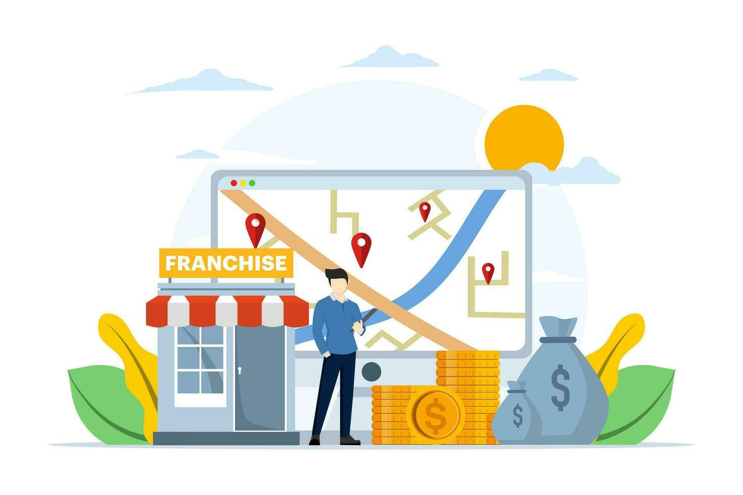 Franchise business branch expansion concept, entrepreneur planning expansion strategy. Small companies, corporations, shops, service chains, retail stores. flat vector illustration on background.