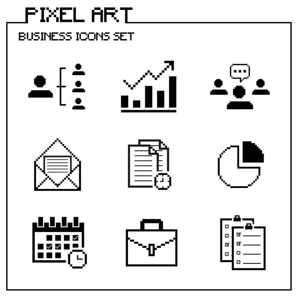 Business icons set pixel art style vector