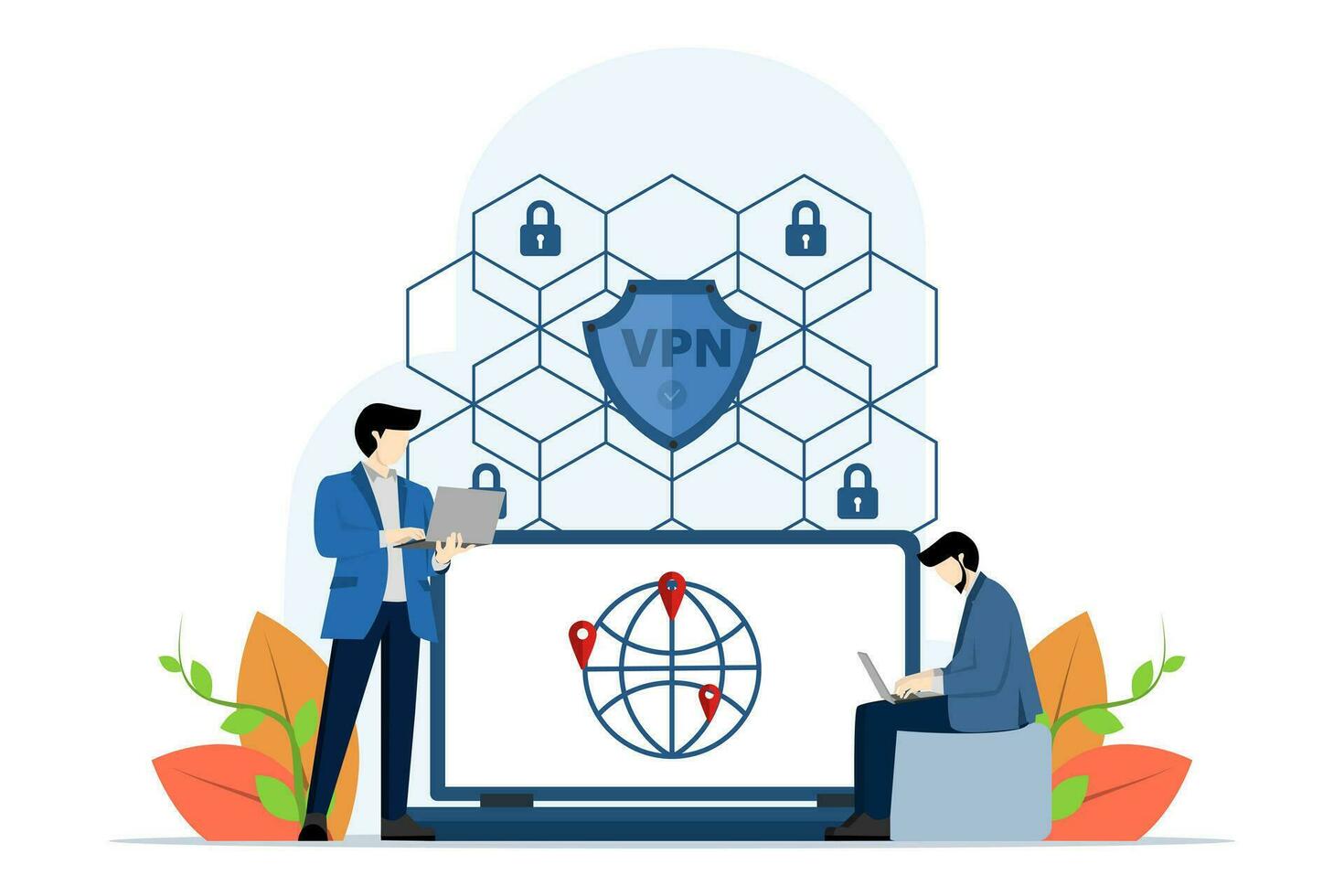 Virtual Private Network Concept. VPN service on laptop. data protection, remote servers, cyber security, secure web traffic. Modern flat cartoon style. Vector illustration on white background.