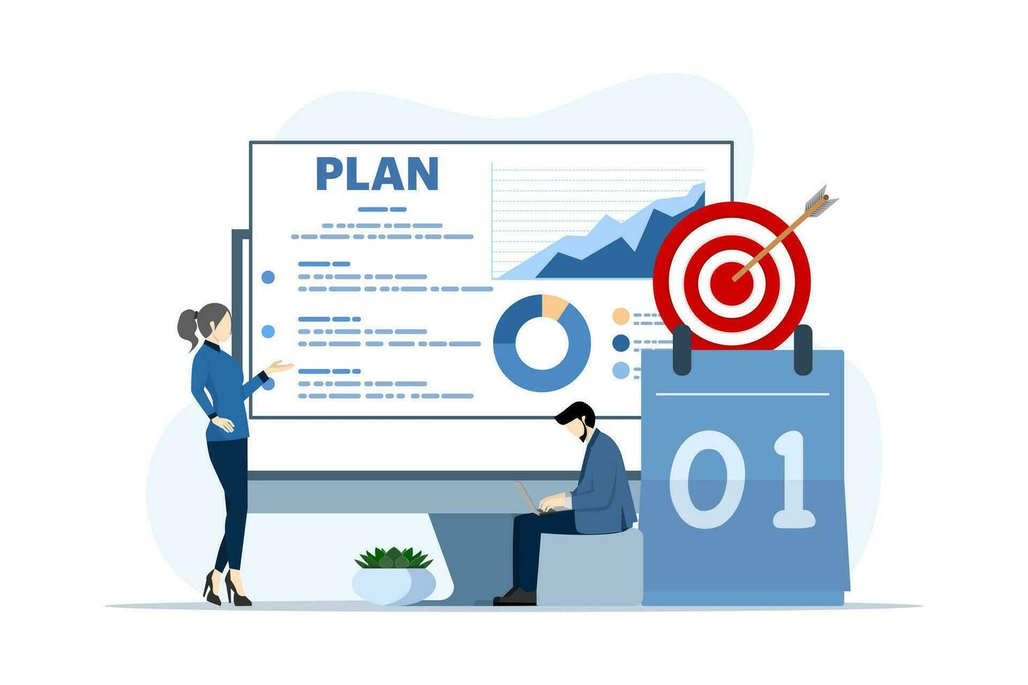 Development plan concept. Teams navigate digital planning, allocate resources, monitor results, and adapt strategies. Digitization, task tracking and feedback loops. Flat Vector Illustration.