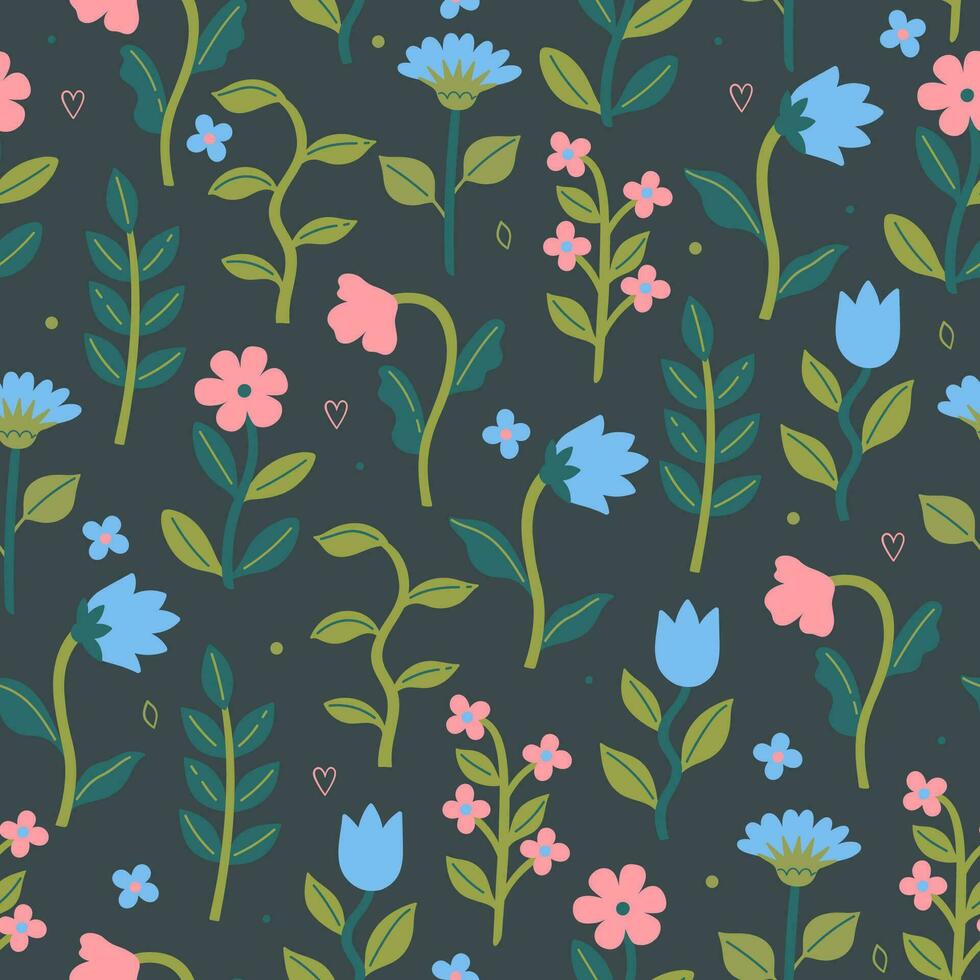 Seamless pattern with simple flowers on a dark background. Vector graphics.