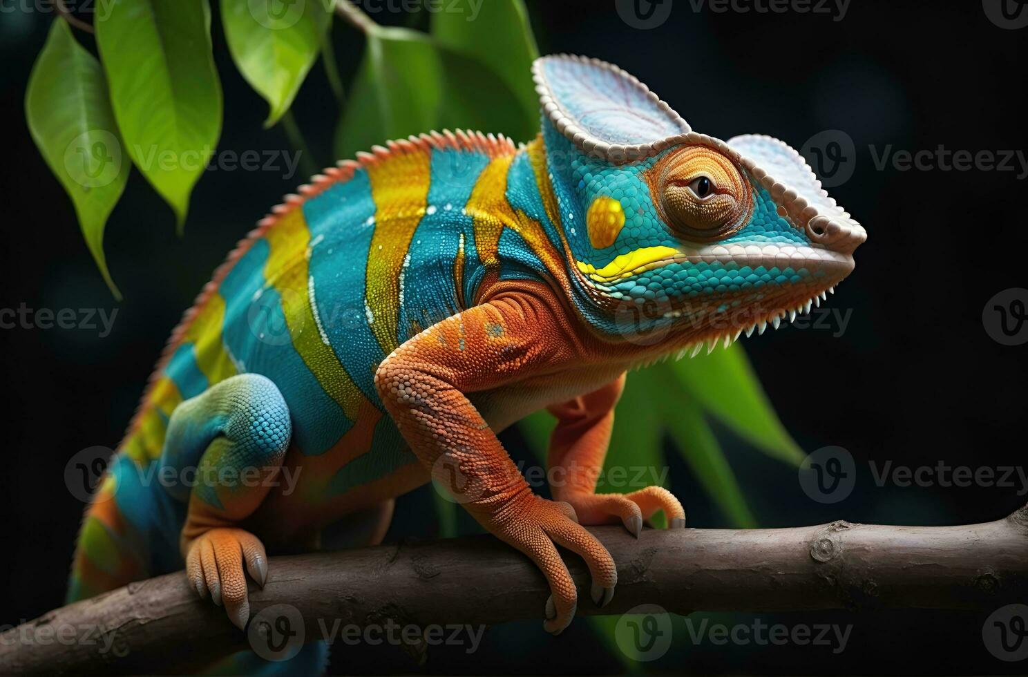 ai generado de cerca foto exótico reptil de camaleón con varios colores de naturaleza