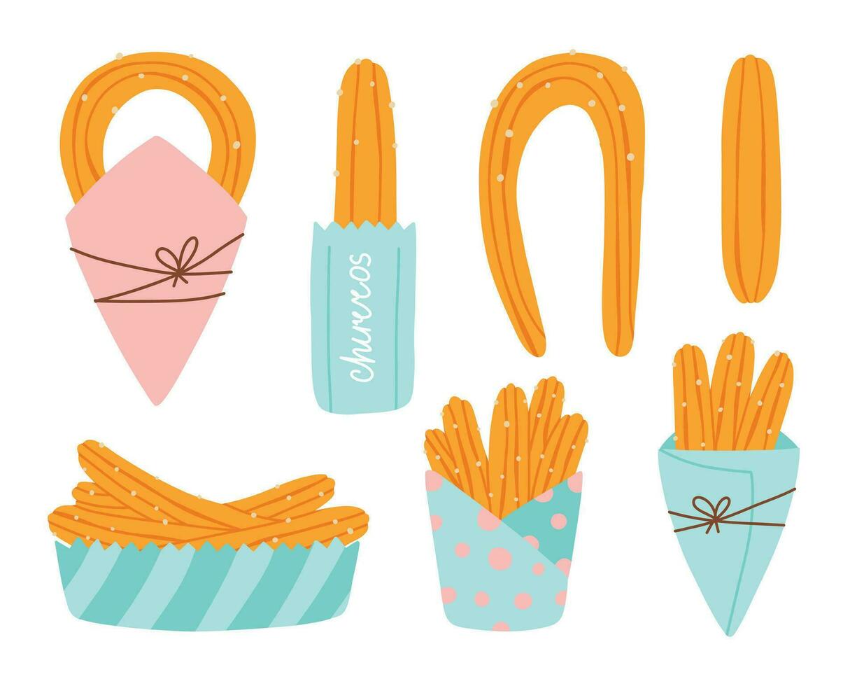 Set of churros in paper bags. Collection of Mexican churros. Vector illustration in flat hand drawn style.
