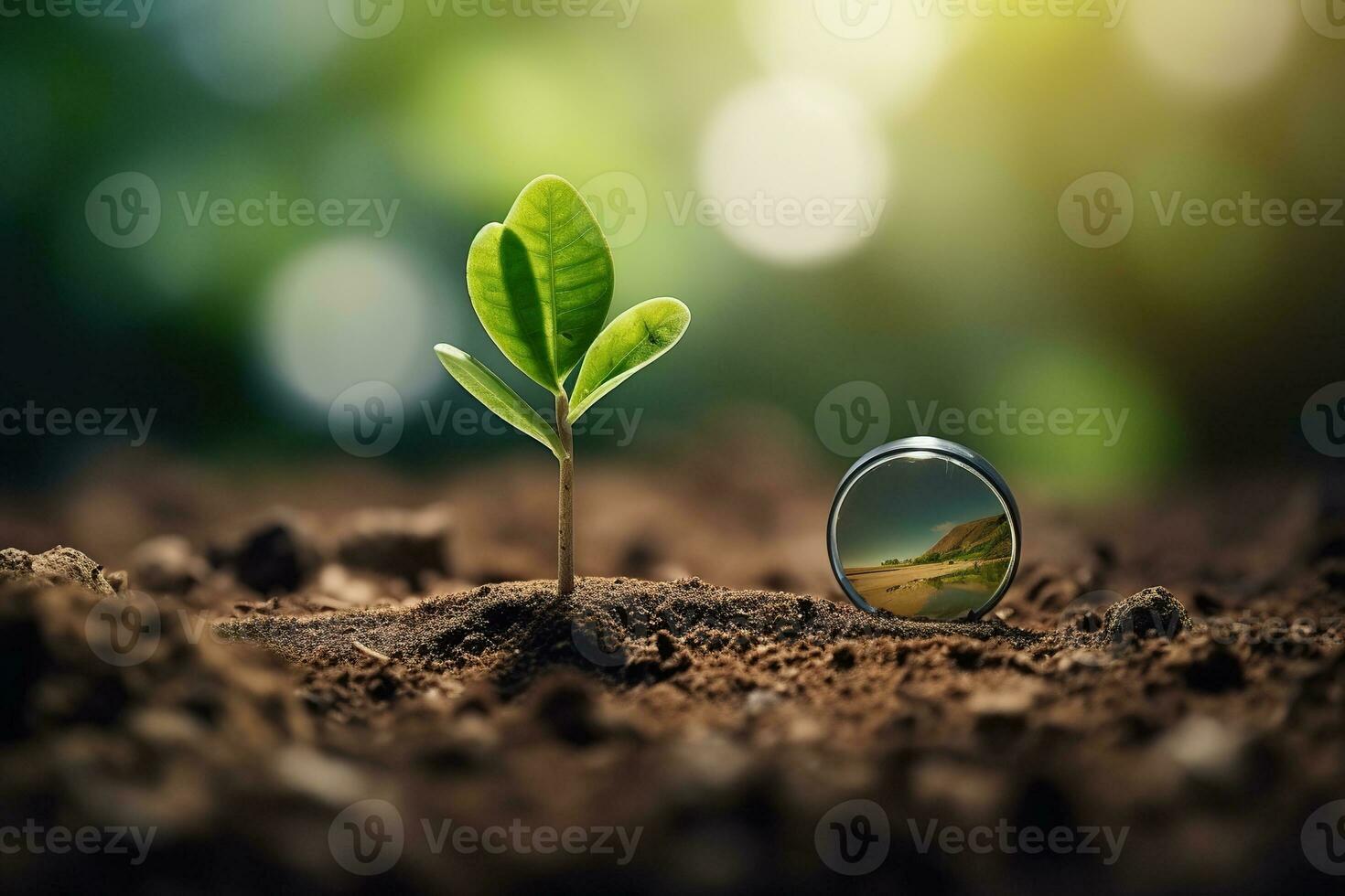 AI generated A magnifying glass next to a small plant sprout growing in the ground. Concept of spring, environmental protection. Generated by artificial intelligence photo