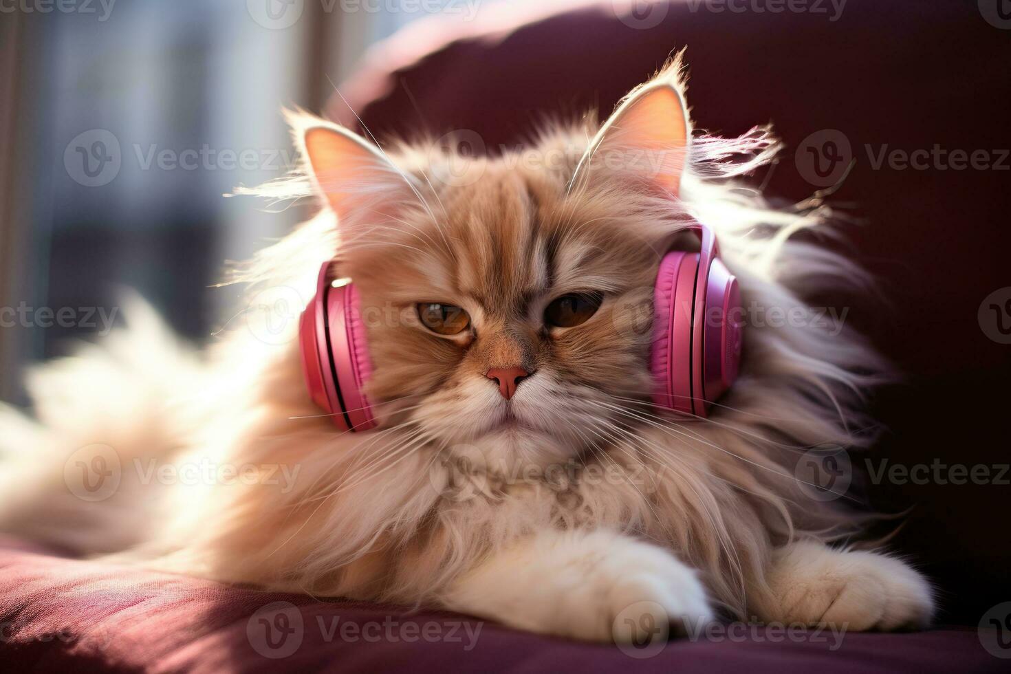 AI generated A very fluffy Persian cat on the sofa wearing pink headphones. Generated by artificial intelligence photo