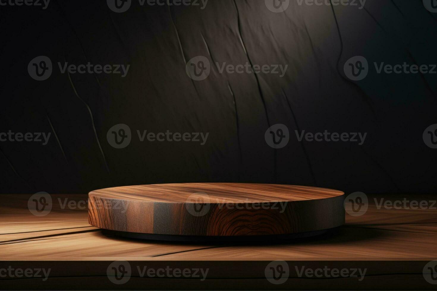 AI generated Wooden podium against a dark wall. Empty pedestal for advertising, product presentation, minimalism. Black background photo
