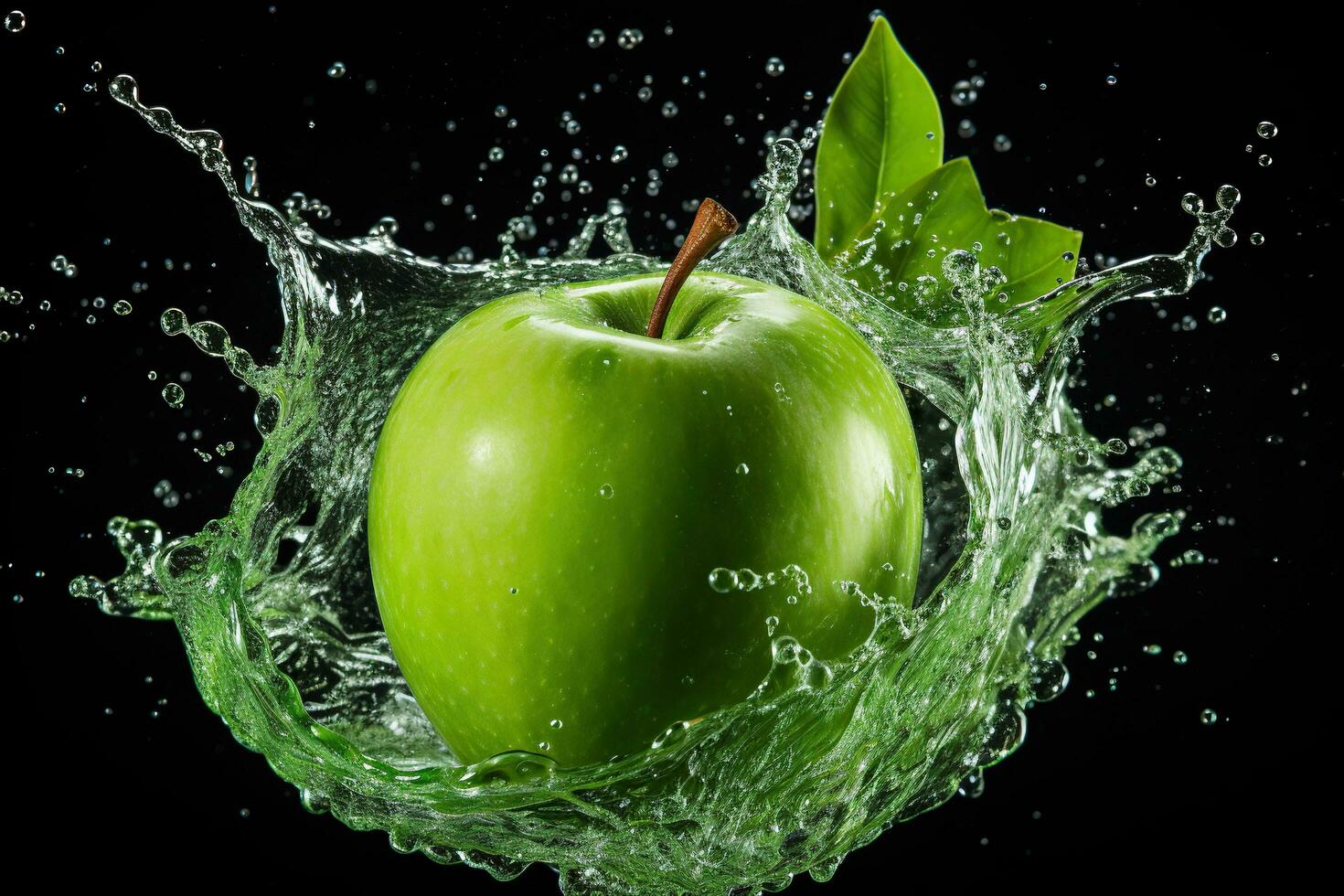 ai generado maduro verde manzana con un chapoteo de agua aislado en un negro antecedentes. generado por artificial inteligencia foto